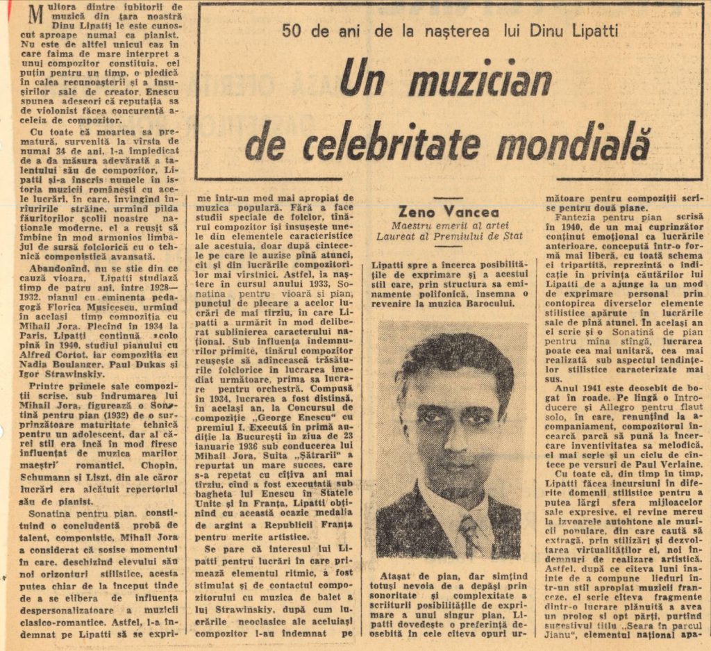 Zeno Vancea despre Lipatti la 50 de ani de la naștere – România liberă 19 martie 1967 