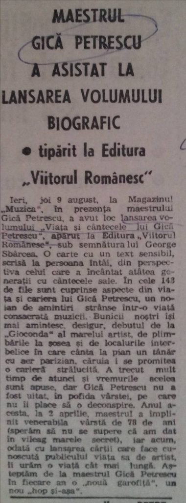 Ziarul Ora - 10 august 1993 – despre lansarea volumului „Viața și cântecele lui Gică Petrescu” 